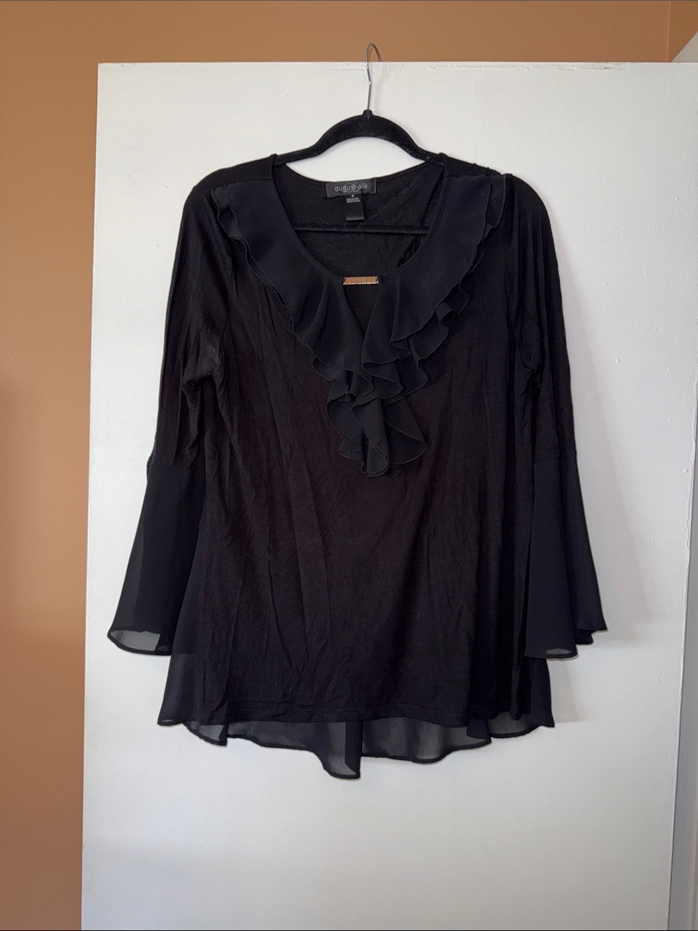 August Silk Black Ruffle V-Neck Bell Sleeve Blouse